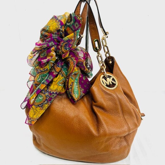 Michael Kors Brown Leather Hobo with Colorful Scarf - Picture 1 of 14